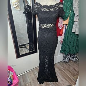 NW Nightway Lace Dress Maxi Evening Off Shoulder Black Sz 8 Petite